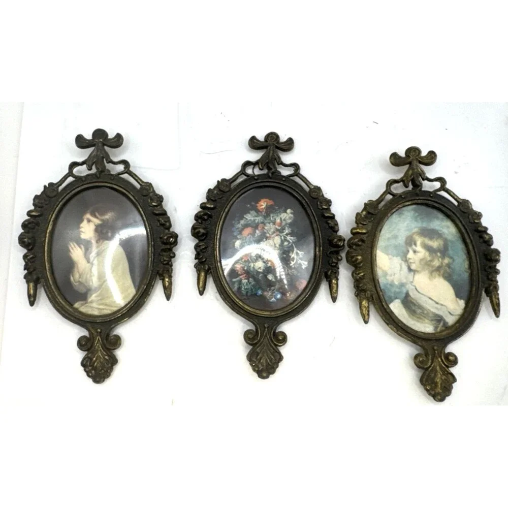 3 Trio VTG Ornate Metal Frames Victorian Young Girl Praying/Waving 6.5” Italy